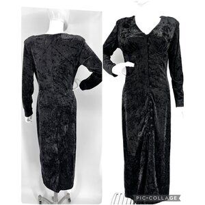 Vintage 90s Crushed Velvet‎ Black Gothic Morticia Addams Maxi Dress Size M